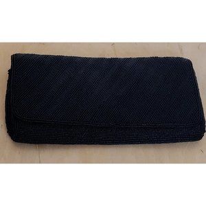 Vintage Beaded Clutch Handbag Black Made in Japan Magid Snap Closure 8.5 x 5 In